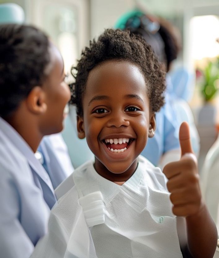 A smiling child giving a thumbs up in the dental chair